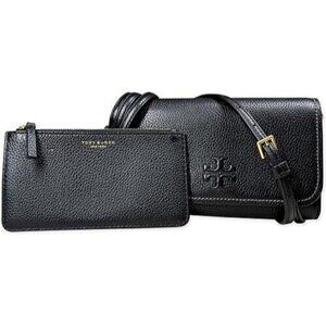 TORY BURCH Crossbody Bag Thea Flat Wallet Pebble Leather Black Small Purse NEW